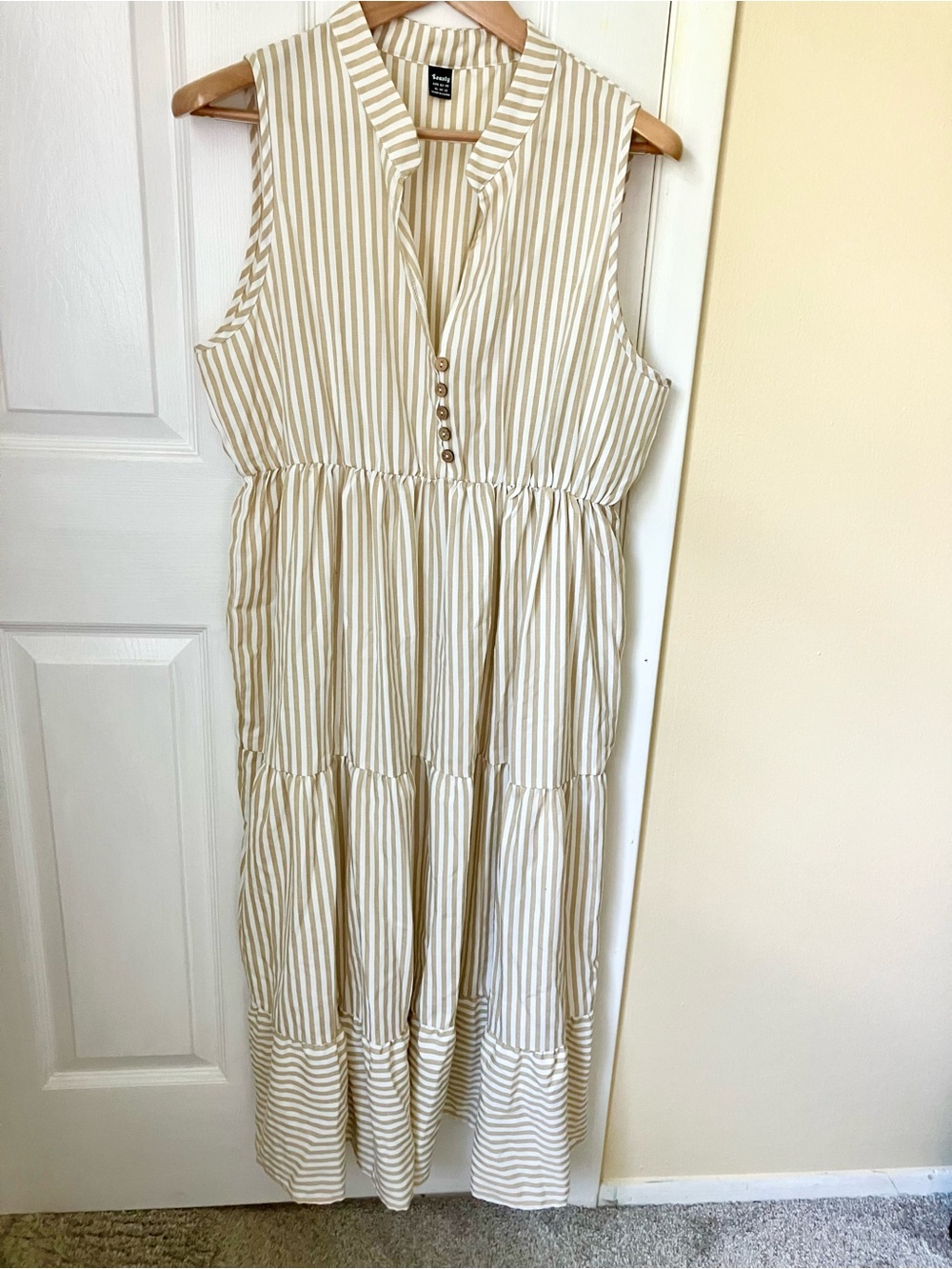 Sleeveless Striped Maxi Dress in Beige and White